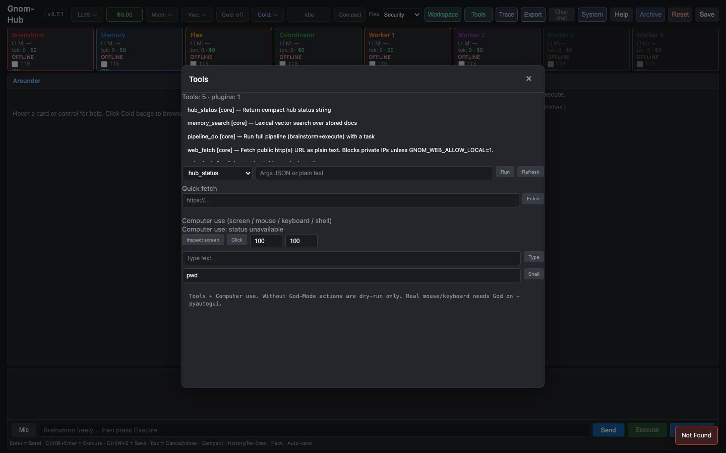 Gnom-Hub tools modal with computer-use and core tool registry
