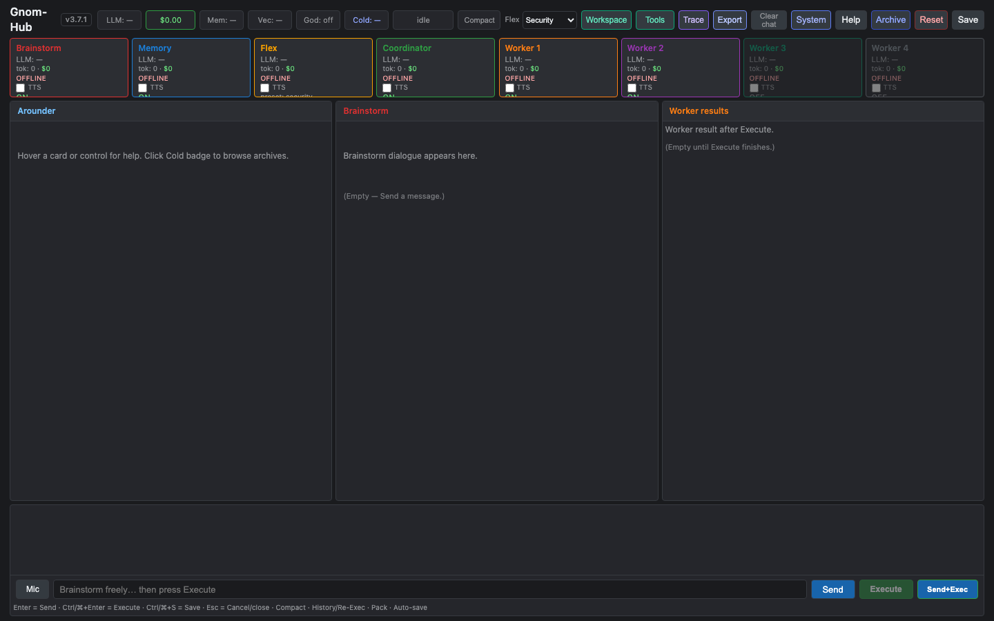 Gnom-Hub multi-agent desktop UI showing agent cards, work boxes and chat panel